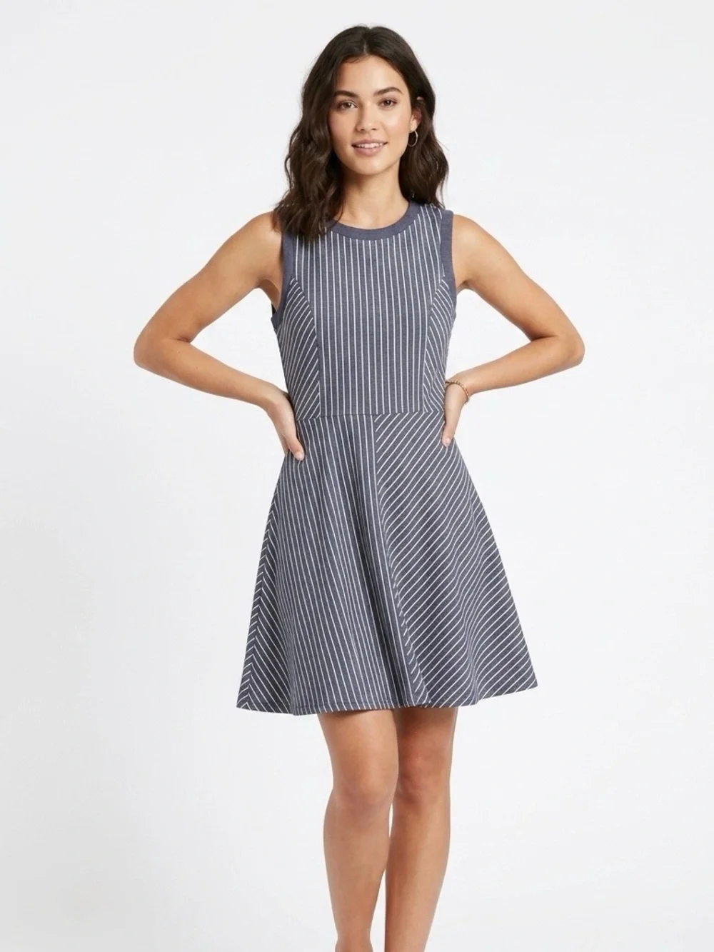 BCBGeneration,  Navy and White Striped Sleeveless Fit & Flare Denim Dress - S